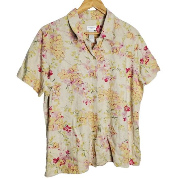 Liz Claiborne Vintage Blouse Women Large Linen Floral Button Cottage Preppy Boho - Picture 1 of 8